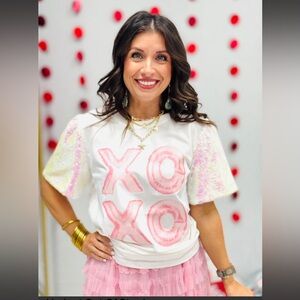 Southern Grace Sequin Sleeve Tee - Pink and White